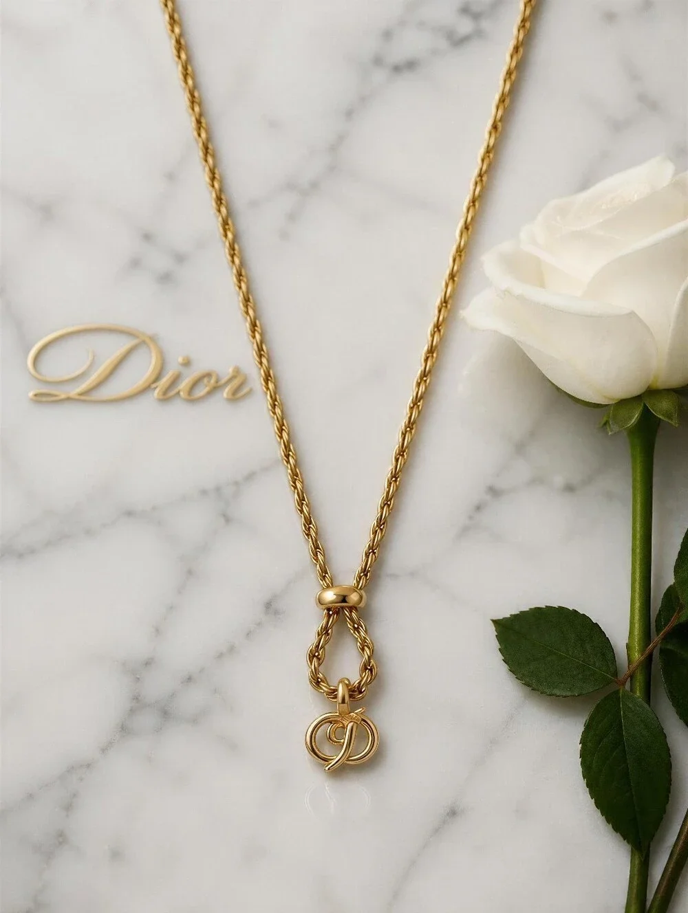 Christian Dior Vintage Gold-Tone CD Knot Necklace ✨